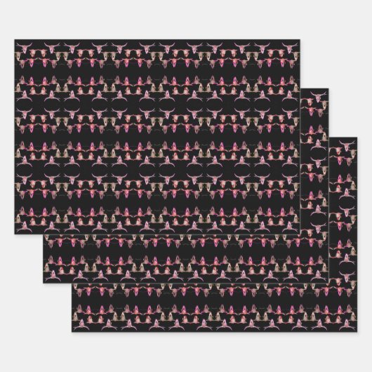 Feuille De Papier Cadeau Taureau Pink Brown Ouest Noir Rustique (Lot)