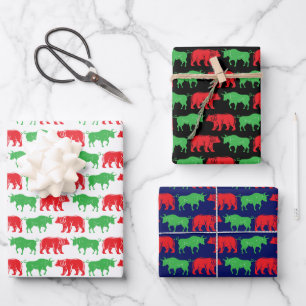 Feuille De Papier Cadeau Taureau vert & Ours rouge, fond coloré DIY, Noir B
