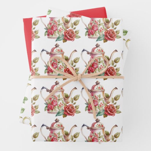 Feuille De Papier Cadeau Teapots rouges Spring Tea Party et Roses (En situation)