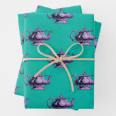 Feuille De Papier Cadeau Teapots violets sur le Turquoise (En situation)