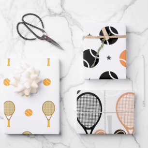 Feuille De Papier Cadeau Tennis Star Orange & Black Racket Motifs de balle