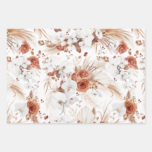 Feuille De Papier Cadeau Terracotta et fleurs blanches Botanique Boho Exoti (Devant)