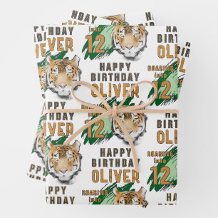 Feuille De Papier Cadeau Tête de Tigre Sauvage Aquarelle Anniversaire 