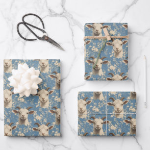 Feuille De Papier Cadeau Têtes de chèvre et fleurs sur bleu