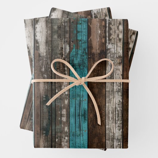 Feuille De Papier Cadeau Texture en bois rustique Découpage Turquoise et Br (En situation)