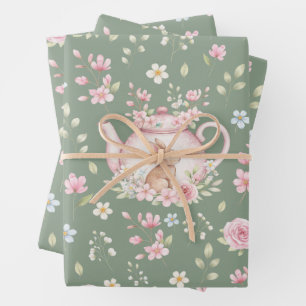 Feuille De Papier Cadeau Théière de lapin fantaisiste motif floral printani