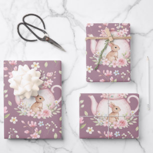 Feuille De Papier Cadeau Théière Lapin Fantaisiste Motif Floral de Printemp