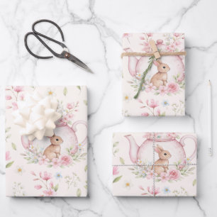 Feuille De Papier Cadeau Théière Lapin Mignon Fleurs Roses 