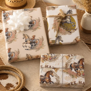 Feuille De Papier Cadeau Thème Baby Shower Cheval à Bascule Vieil Ouest