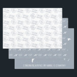 Feuille De Papier Cadeau Thème de voyage romantique Carte du timbre de pass<br><div class="desc">Le timbre-passeport personnalisé bleu nuit inspiré du voyage, le monogramme de la piste cardiaque de l'avion et la conception d'une carte du monde sur papier d'emballage personnalisé avec plusieurs modèles pour un mariage de destination ou une douche nuptiale à thème de voyage ou une décoration de table de réception. Tapez...</div>
