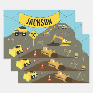 Feuille De Papier Cadeau Thème du site des camions de construction