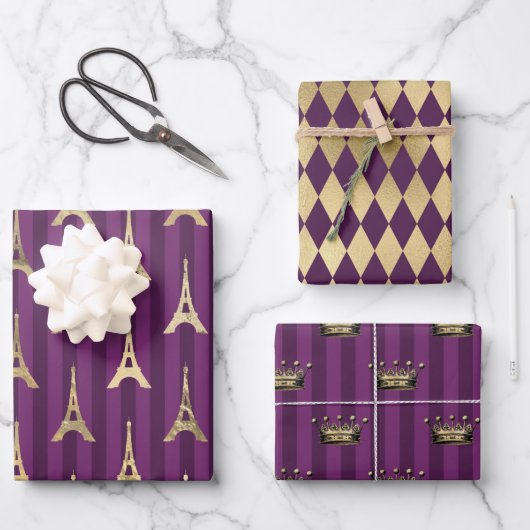 Feuille De Papier Cadeau Thème Purple and Gold Paris (Recto)