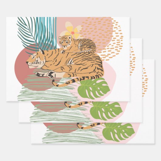 Feuille De Papier Cadeau Tiger Maman et bébé dans la jungle (Lot)