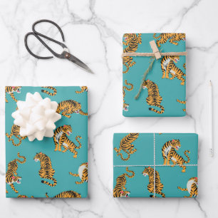 Feuille De Papier Cadeau Tiger sur Motif Turquoise