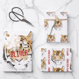 Feuille De Papier Cadeau Tigre Aquarelle Animal Joyeux Anniversaire 