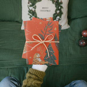 Feuille De Papier Cadeau Tigre De Noël Vintage Avec Arbre De Noël