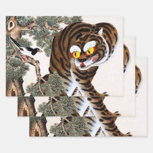 Feuille De Papier Cadeau Tigre et pie Minhwa sous un pin