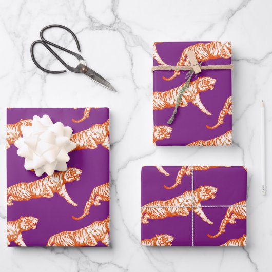 Feuille De Papier Cadeau Tigre orange vif moderne sur violet (Recto)