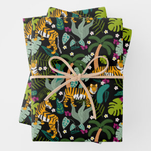 Feuille De Papier Cadeau Tigre tropical Forêt botanique Noire Jungle Safari