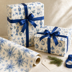 Feuille De Papier Cadeau Toile de Jouy de Noël en bois bleu