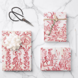 Feuille De Papier Cadeau Toile de Jouy Rouge Élégante et Vintage de Style C