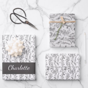 Feuille De Papier Cadeau Toile Floral Noir Blanc Nom Personnalisé