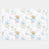 FEUILLE DE PAPIER CADEAU TONS DE BLEU & TAN NOUNOURS & ÉTOILES (Devant)