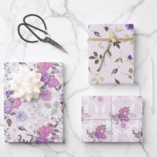 FEUILLE DE PAPIER CADEAU TONS DE FLEURS BLEUES & PURPLES & PLAIDS