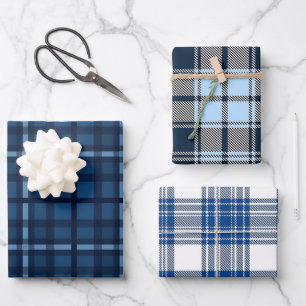 FEUILLE DE PAPIER CADEAU TONS DE MOTIFS BLEUS ET BLANCS PLAID