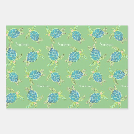 Feuille De Papier Cadeau Tortue côtière monogramme bleu jaune vert (Devant)