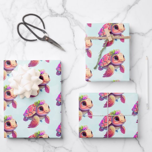 Feuille De Papier Cadeau Tortue de mer rose Whimsical & mignon (Recto)