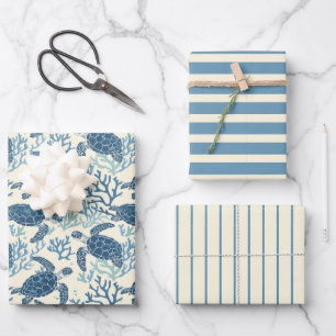 Feuille De Papier Cadeau Tortues de mer bleu et crème et rayures