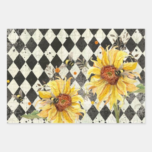 Feuille De Papier Cadeau Tournesol avec abeilles Ephémère noire Découpage d (Devant 3)