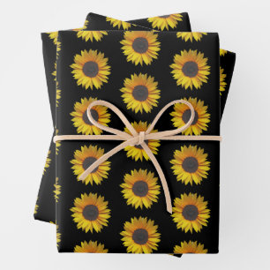 Feuille De Papier Cadeau Tournesol Floral Modèle Sur Noir