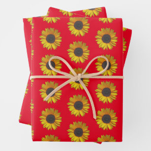 Feuille De Papier Cadeau Tournesol Floral Modèle Sur Rouge