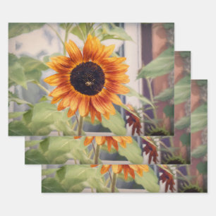 Feuille De Papier Cadeau Tournesol Jaune Orange Jardin d'abeilles Découpage