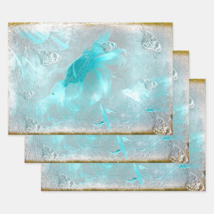 Feuille De Papier Cadeau Tournesol Papillon Turquoise Argent Vintage Antiqu