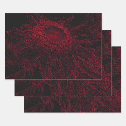 Feuille De Papier Cadeau Tournesol Rouge Floral Noir Découpage Art (Lot)