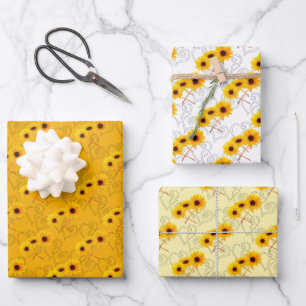 Feuille De Papier Cadeau Tournesol triple Motif de coeur