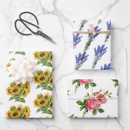 Feuille De Papier Cadeau tournesols, Lavander roses (Recto)