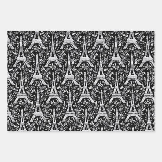 Feuille De Papier Cadeau Tours Eiffel et fleurs Noir (Devant)