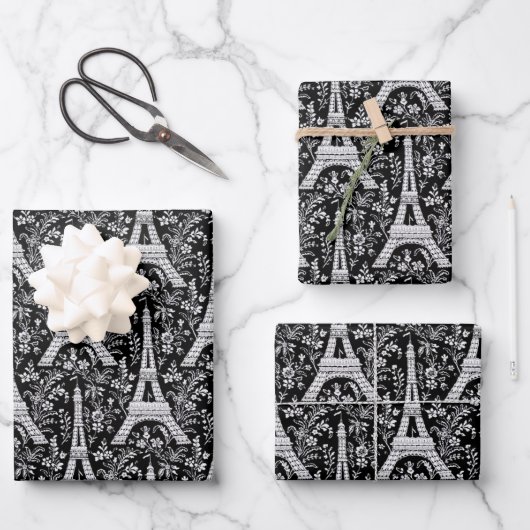 Feuille De Papier Cadeau Tours Eiffel et fleurs Noir (Recto)