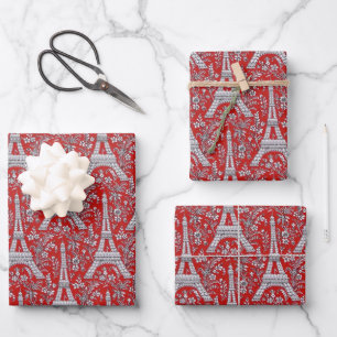 Feuille De Papier Cadeau Tours Eiffel et fleurs rouges