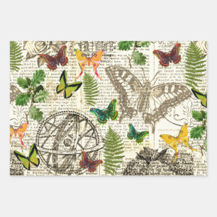 Feuille De Papier Cadeau Toutes les Occasion Antique Look Papillons et Ferm