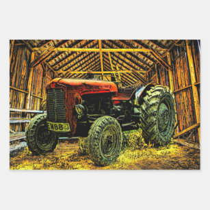 Feuille De Papier Cadeau Tracteur rouge Vintage dans la grange