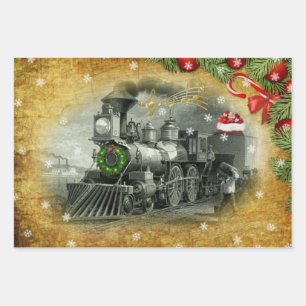 Feuille De Papier Cadeau Train à vapeur de Noël Vintage