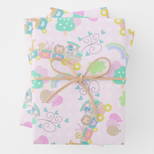 Feuille De Papier Cadeau Train Animaux roses (En situation)