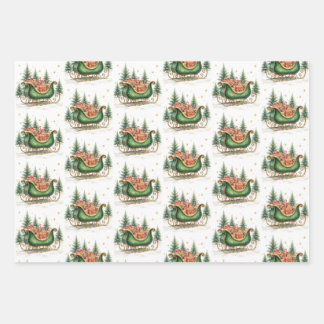 Feuille De Papier Cadeau Traîneau de Noël vintage aquarelle