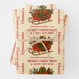 Feuille De Papier Cadeau Traîneau de Noël Vintage avec Cadeaux Personnalisé