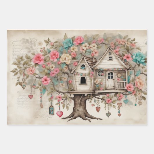 Feuille De Papier Cadeau Treehouse avec fleurs (Devant 3)